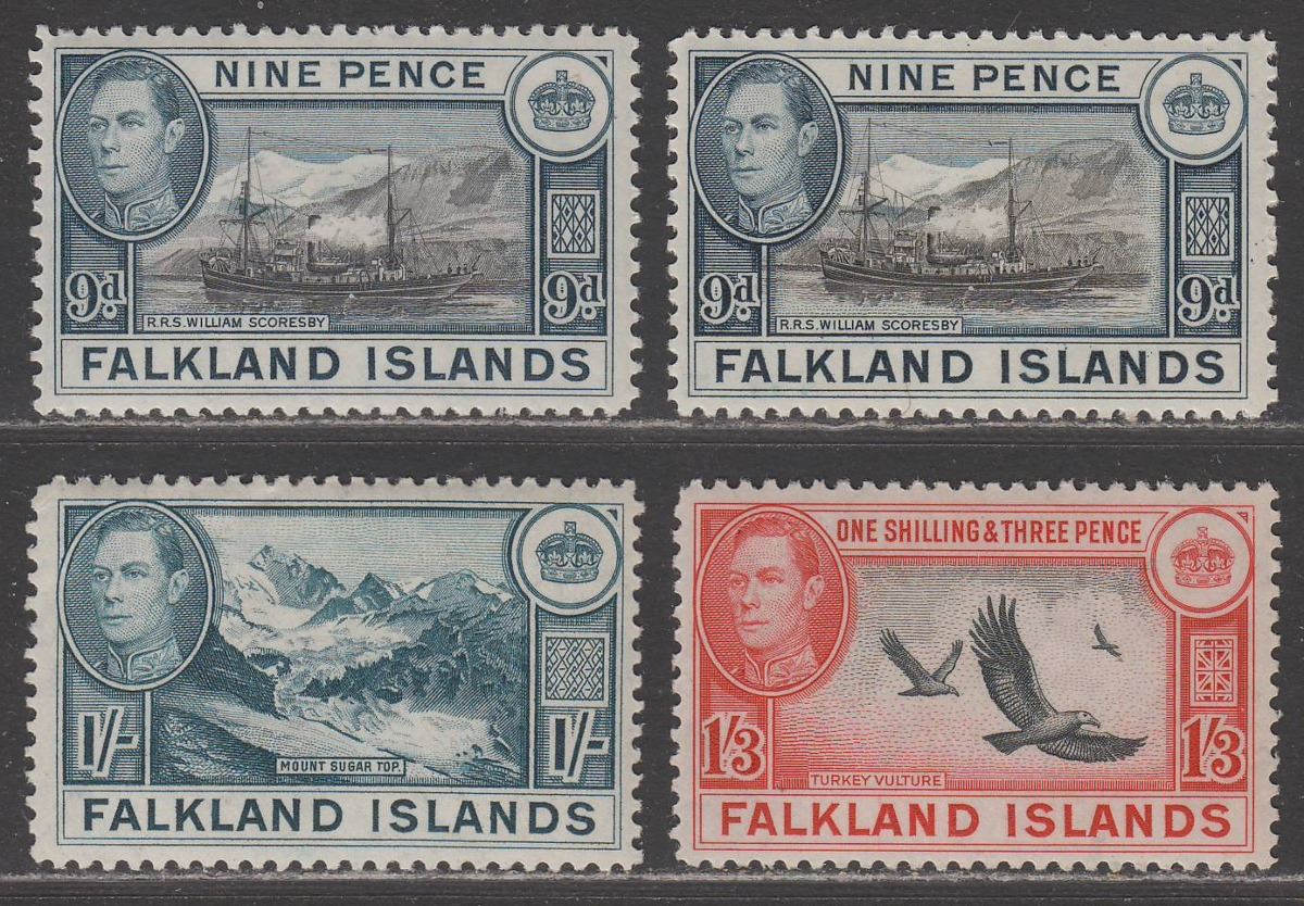 Falkland Islands 1938-50 King George VI 9d x2, 1sh, 1sh3d Mint