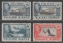 Click for more photos and details Falkland Islands 1938-50 King George VI 9d x2, 1sh, 1sh3d Mint
