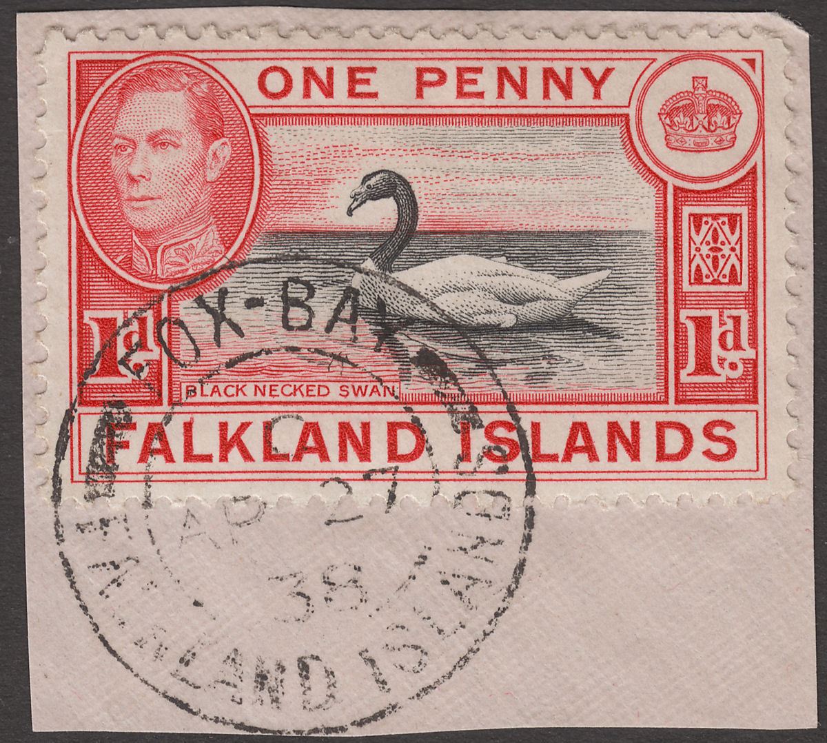 Falkland Islands 1938 King George VI 1d Used with 1938 FOX BAY Postmark