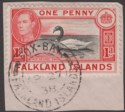 Click for more photos and details Falkland Islands 1938 King George VI 1d Used with 1938 FOX BAY Postmark