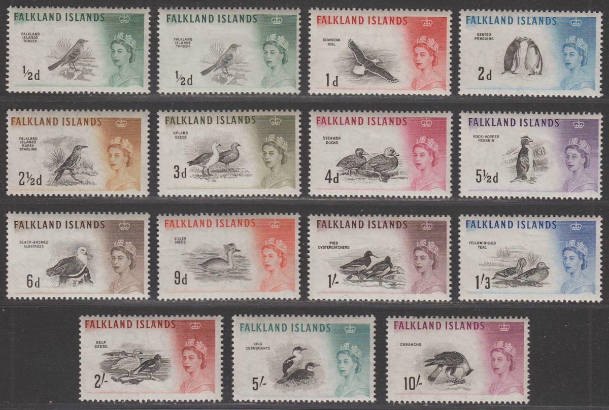 Falkland Islands 1960 QEII Birds Set to 10sh Mint SG193-206 cat £140 bends on 2