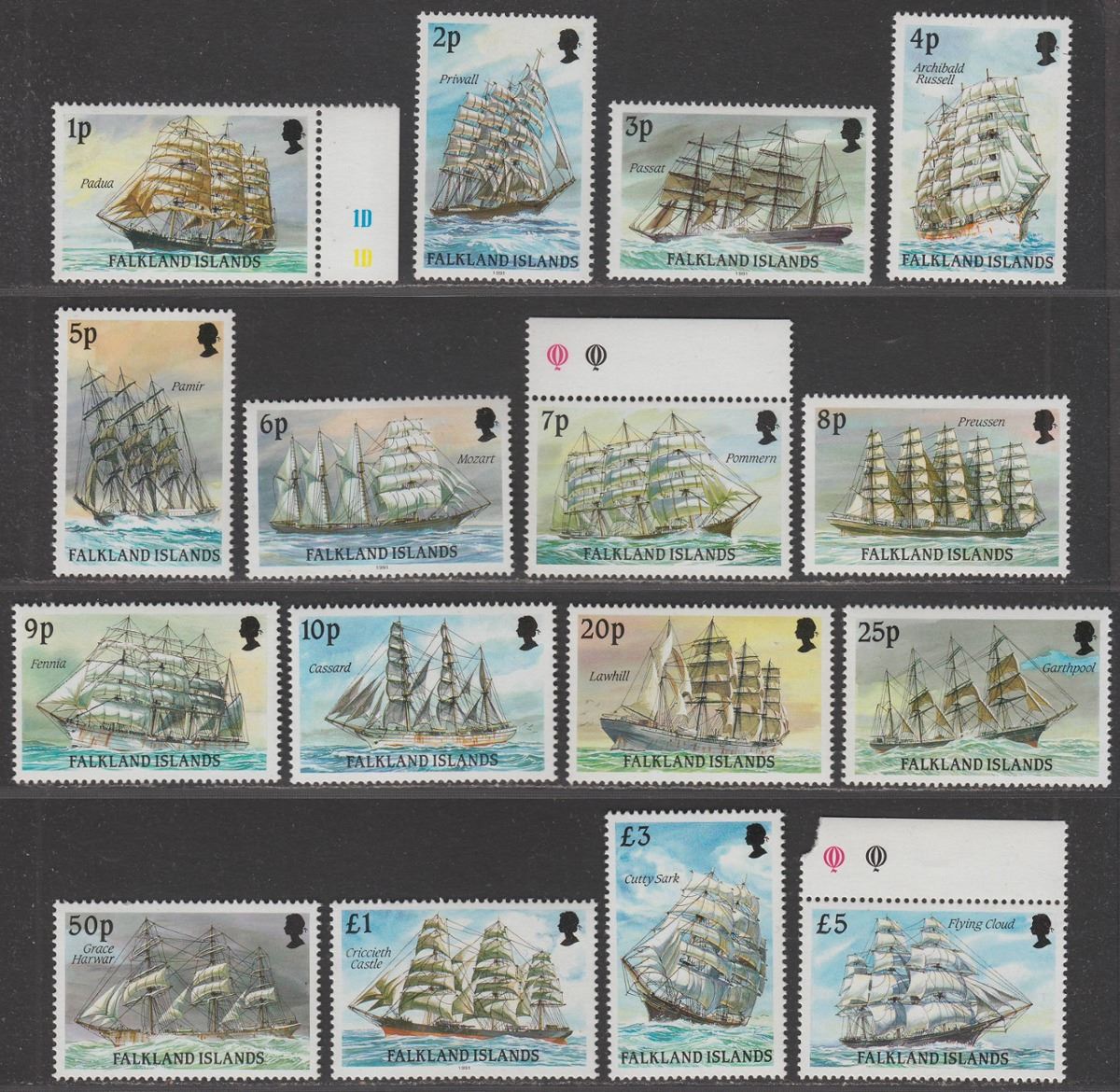Falkland Islands 1989-91 QEII Cape Horn Sailing Ships Selectn to £5 Mint mix imp