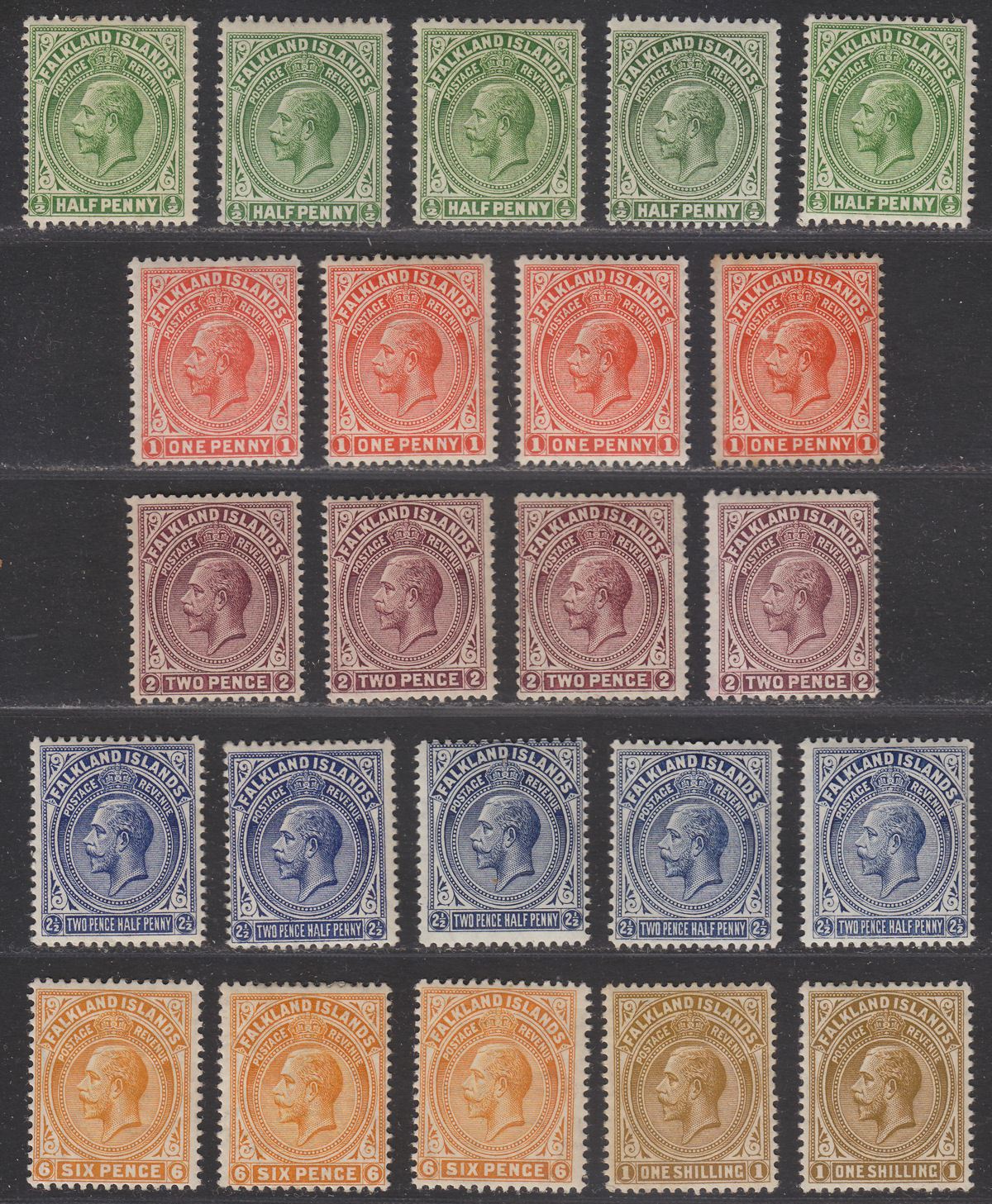 Falkland Islands 1912-20 King George V Short Set to 1sh with Shades Mint SG60-65