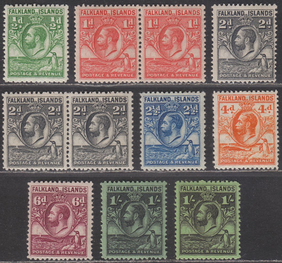 Falkland Islands 1929-37 KGV Fin Whale and Penguins Set to 1sh Mint SG116-122a