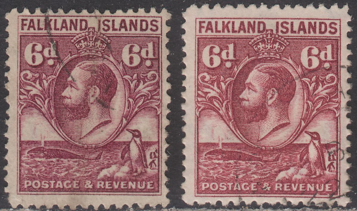 Falkland Islands 1929-36 KGV Whale + Penguins 6d Shades Used SG121-121a cat £50