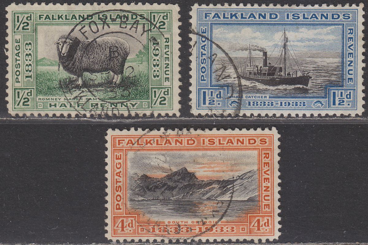 Falkland Islands 1933 KGV Centenary ½d, 1½d, 4d Used cat £70