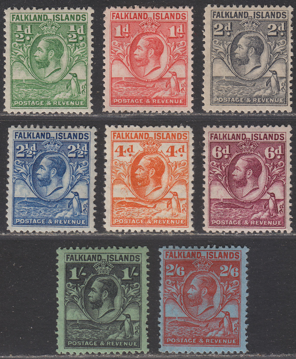 Falkland Islands 1929 KGV Fin Whale + Penguins Set to 2sh6d Most Mint SG116-123