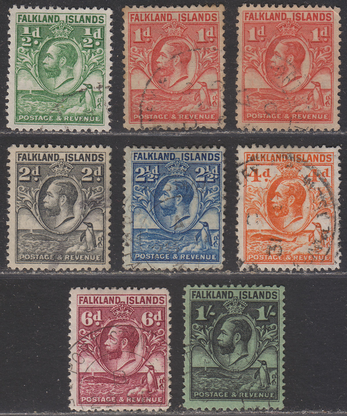 Falkland Islands 1929 KGV Fin Whale and Penguins Set to 1sh Used SG116-122