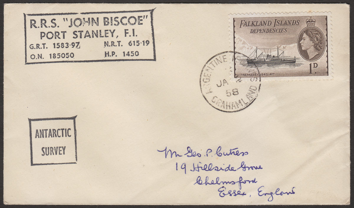 Falkland Islands Dependencies 1958 QEII 1d Cover ARGENTINE IS - RRS John Biscoe