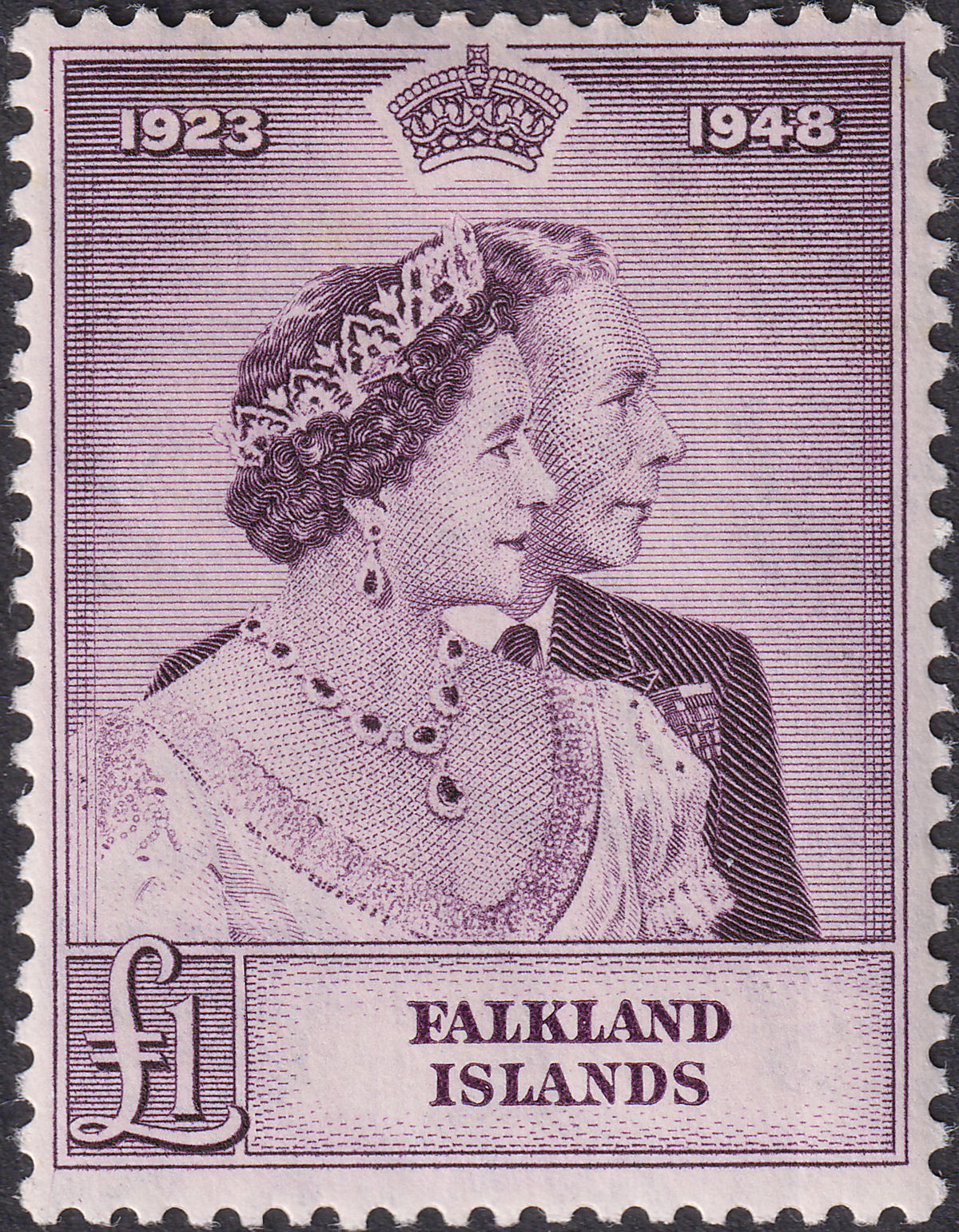 Falkland Islands 1948 KGVI Royal Silver Wedding £1 Mauve Mint SG167 cat£90 tones