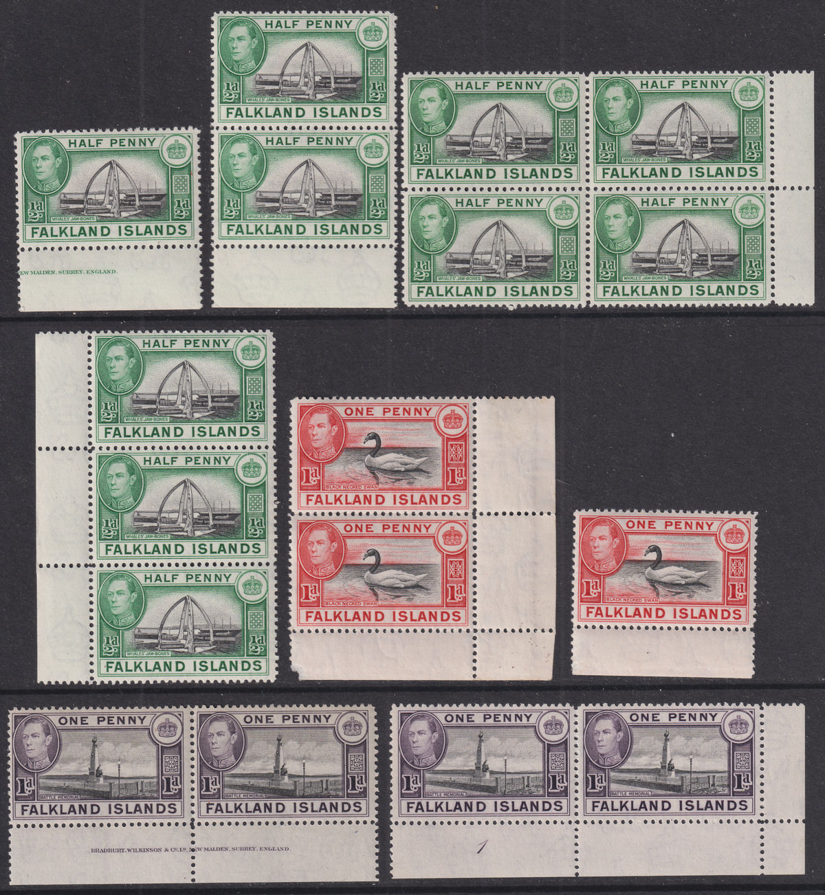 Falkland Islands 1938-50 King George VI Part Set to 6d mostly Pairs/Blocks Mint