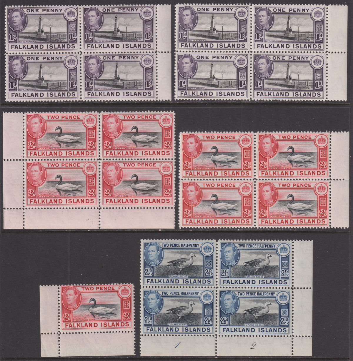 Falkland Islands 1938-50 King George VI Part Set to 6d mostly Pairs/Blocks Mint