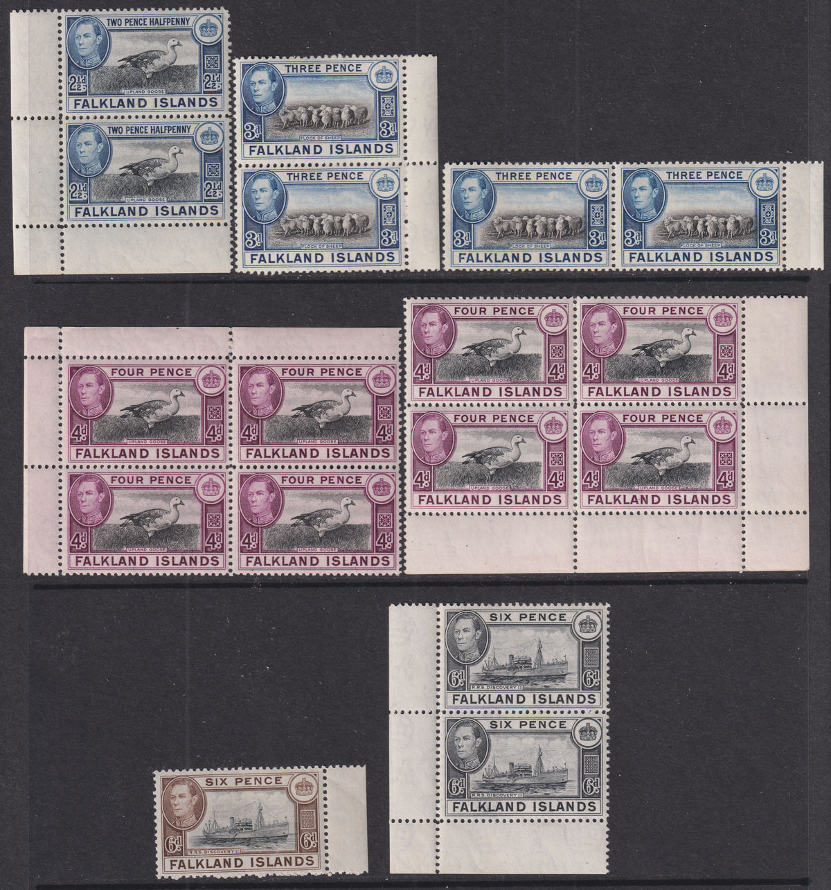 Falkland Islands 1938-50 King George VI Part Set to 6d mostly Pairs/Blocks Mint