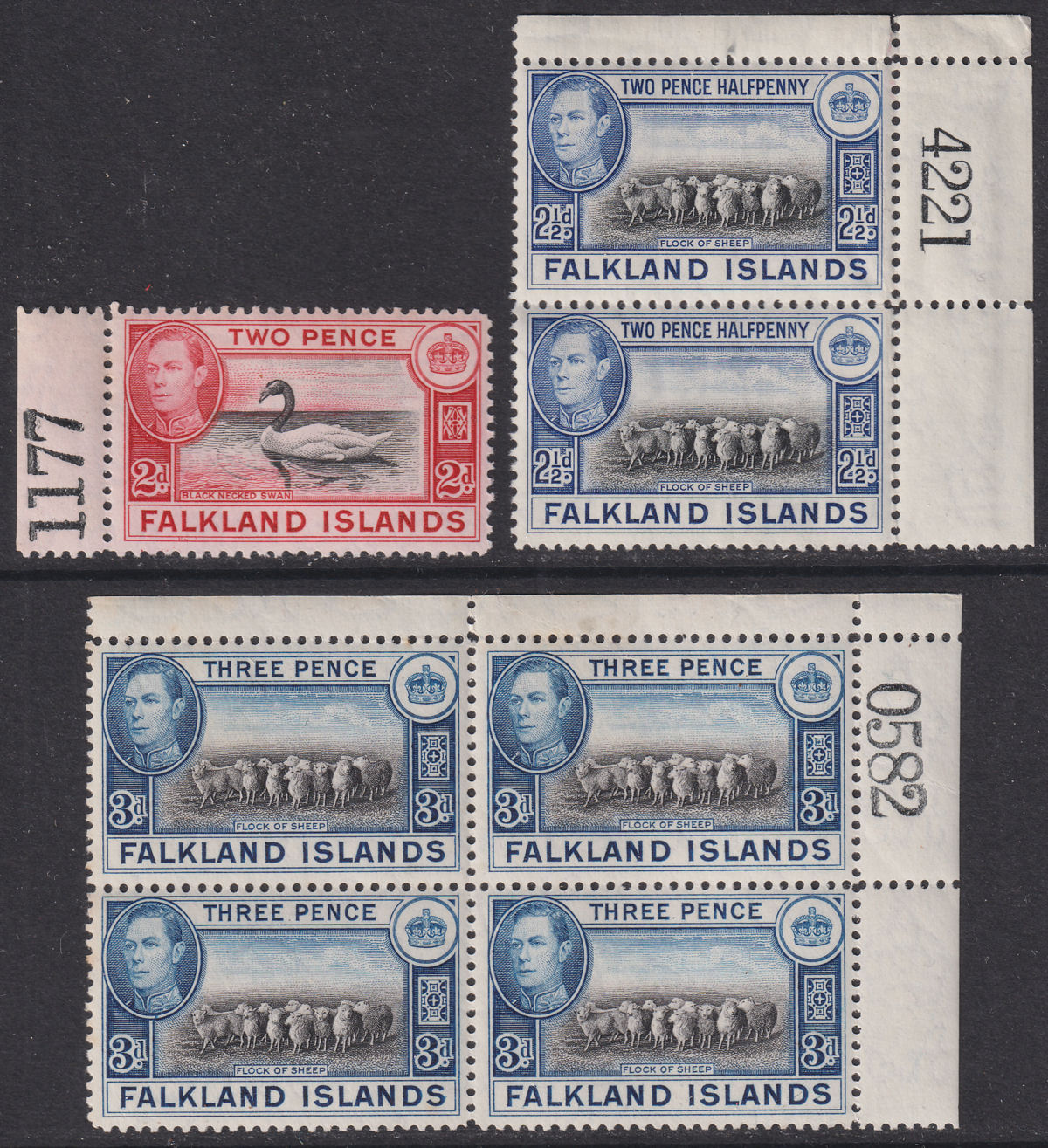 Falkland Islands 1938-50 King George VI 2d, 2½d, 3d with Sheet Numbers Mint