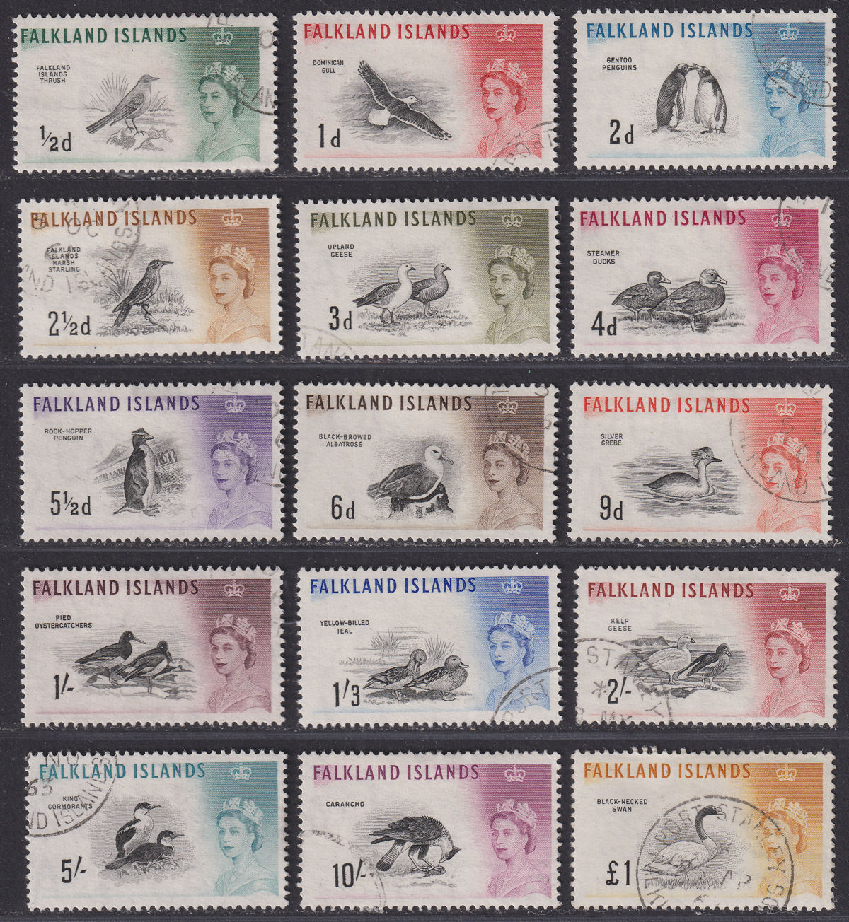 Falkland Islands 1960 QEII Birds Set Used SG193-207 cat £85 postmark issue 10sh