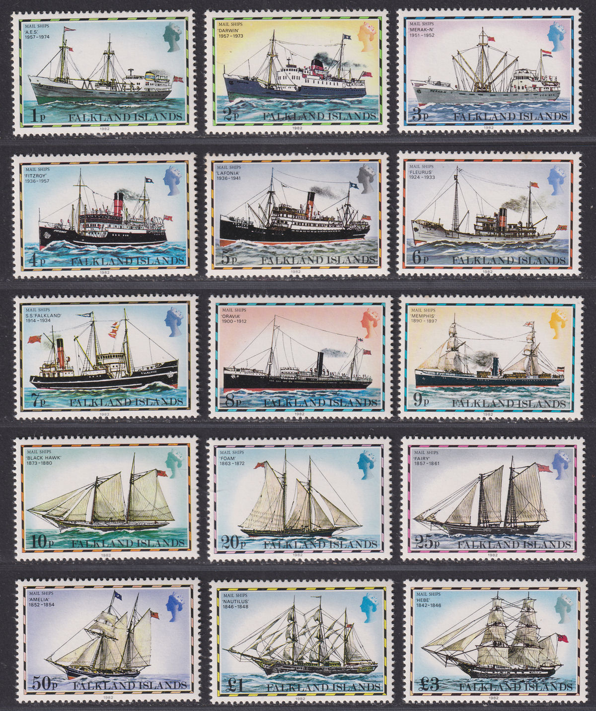Falkland Islands 1982 Mail Ships Imprint Set UM Mint SG331B-345B cat £13 tones