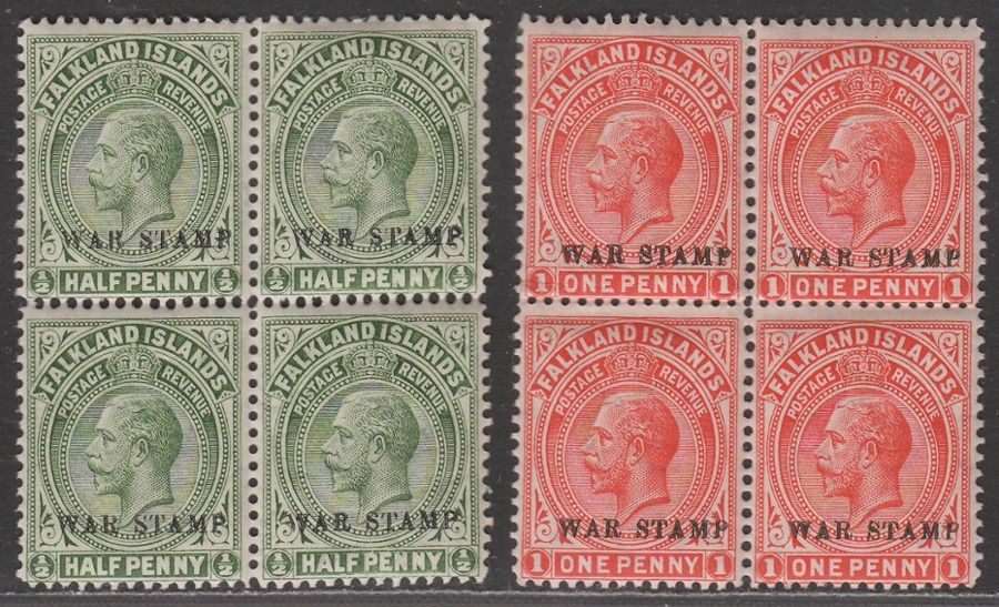Falkland Islands 1918-20 KGV ½d, 1d War Tax Overprint Blocks of 4 Mint