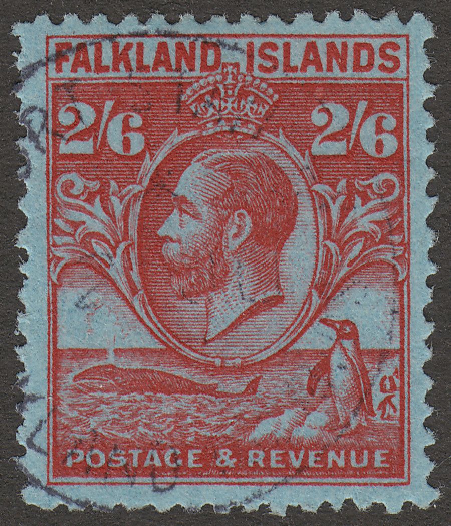 Falkland Islands 1929 KGV Whale and Penguins 2sh6d Carmine on Blue Used SG123