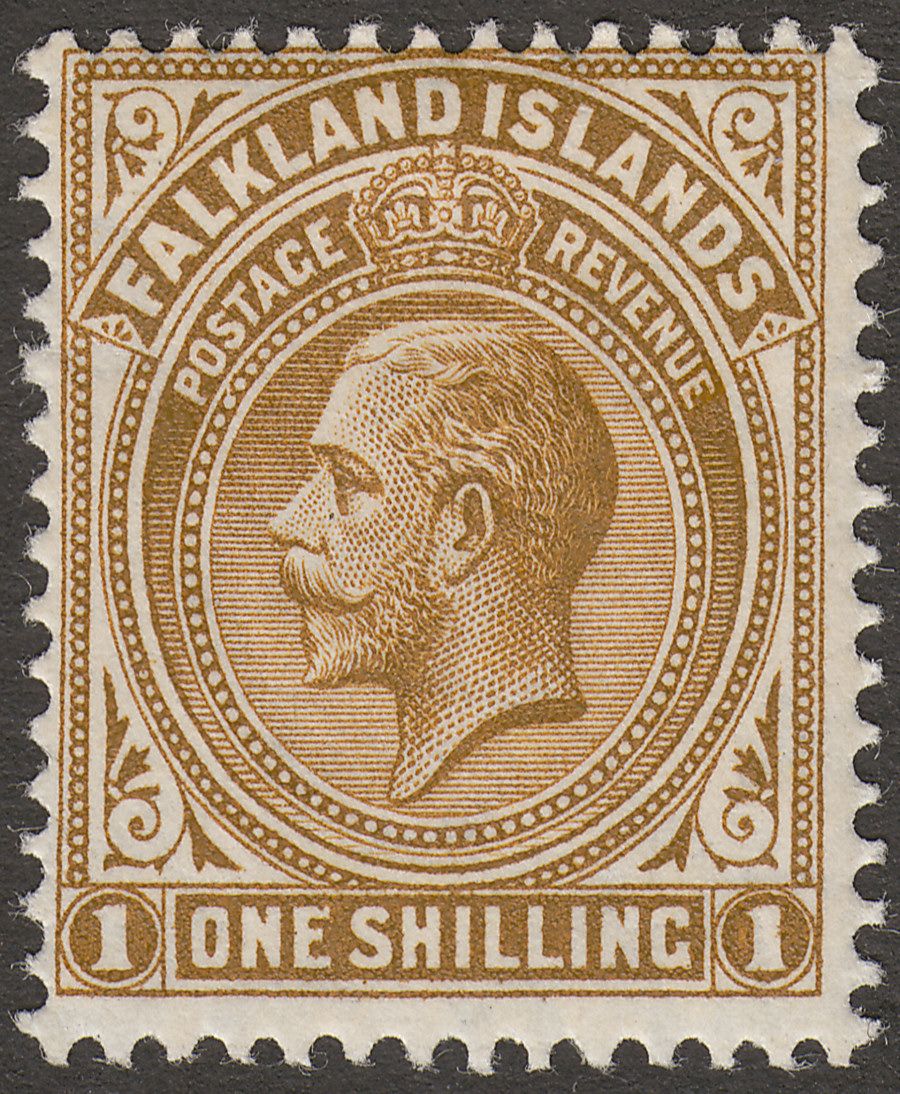 Falkland Islands 1912 KGV 1sh Light Bistre-Brown Mint SG65