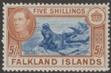 Click for more photos and details Falkland Islands 1949 KGVI 5sh Dull Blue and Yellow-Brown Mint SG161c