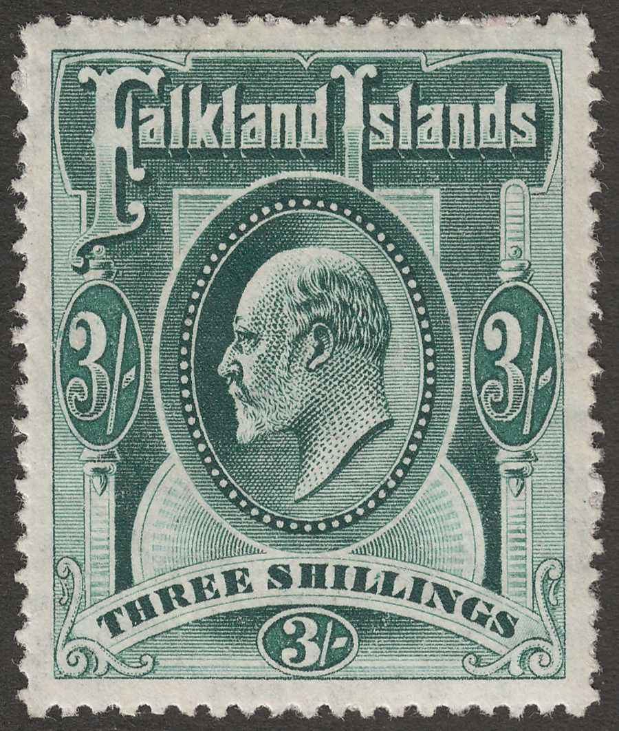 Falkland Islands 1907 KEVII 3sh Deep Green Mint SG49b w Variety Flying Triangle