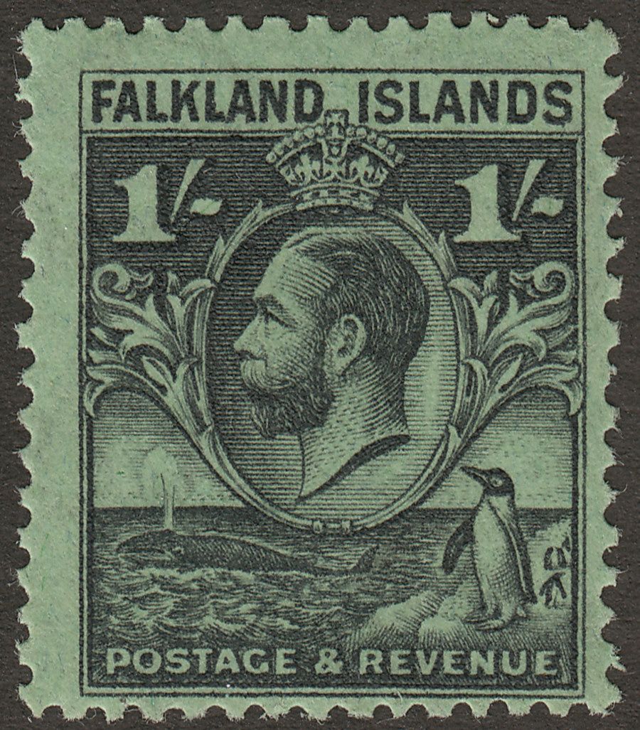 Falkland Islands 1929 KGV Whale and Penguins 1sh Black on Emerald Mint SG122