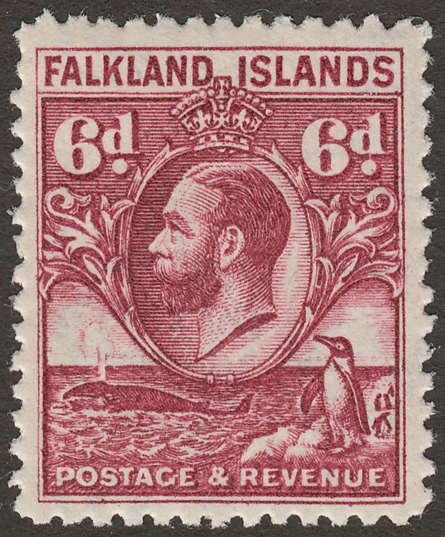 Falkland Islands 1936 KGV Whale and Penguins 6d Reddish Purple Mint SG121a