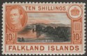 Click for more photos and details Falkland Islands 1938 KGVI 10sh Black and Orange-Brown Mint SG162