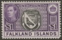 Click for more photos and details Falkland Islands 1944 KGVI £1 Grey-Black and Bluish Violet Mint SG163