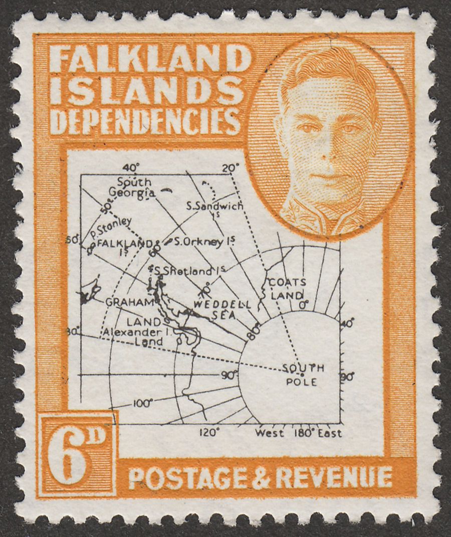 Falkland Islands Dependencies 1948 KGVI Thin Map 6d Dot in T Mint SG G14a