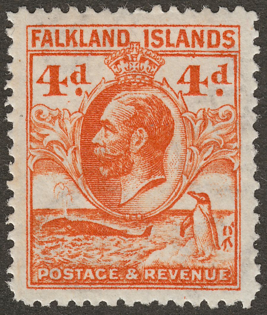 Falkland Islands 1932 KGV Whale and Penguins 4d Orange perf 14 Mint SG120