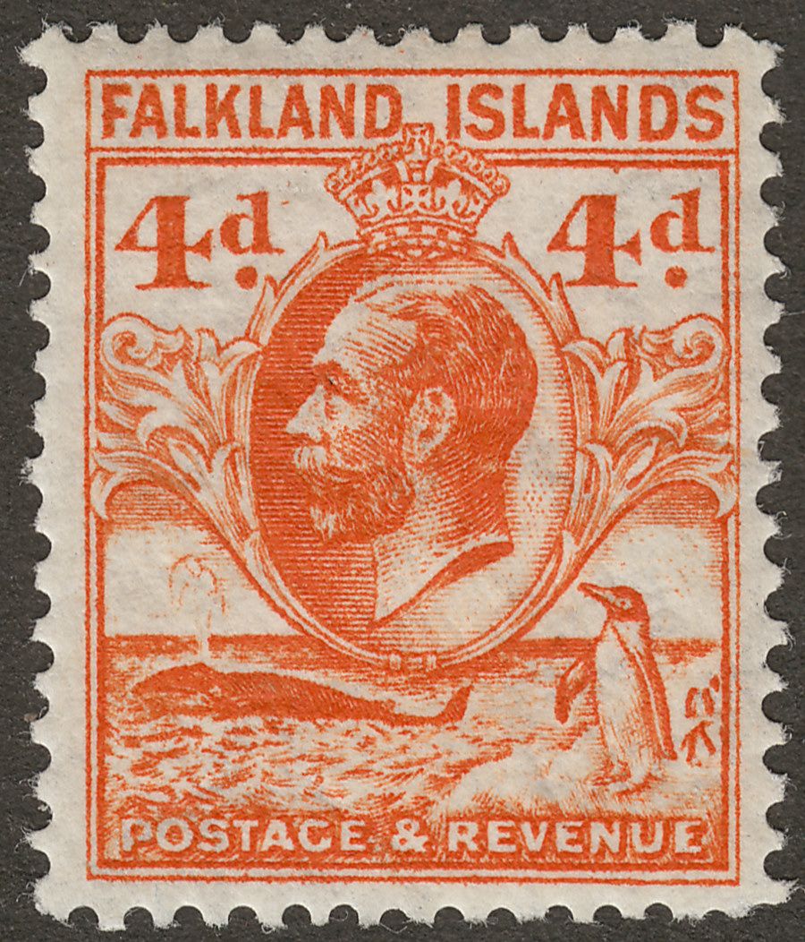 Falkland Islands 1932 KGV Whale and Penguins 4d Orange perf 14 Mint SG120