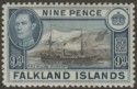 Click for more photos and details Falkland Islands 1944 KGVI 9d Brown-Black and Grey-Blue Mint SG157