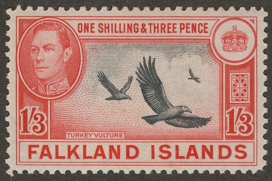 Falkland Islands 1946 KGVI Turkey Vultures 1sh3d Black + Carmine-Red Mint SG159