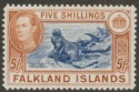 Click for more photos and details Falkland Islands 1938 KGVI 5sh Indigo and Pale Yellow-Brown Mint SG161b