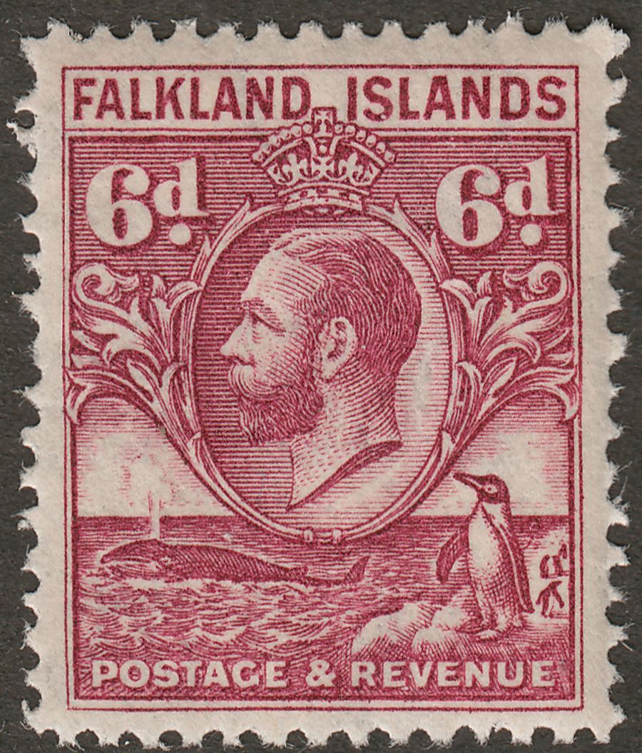 Falkland Islands 1936 KGV Whale and Penguins 6d Reddish Purple Mint SG121a