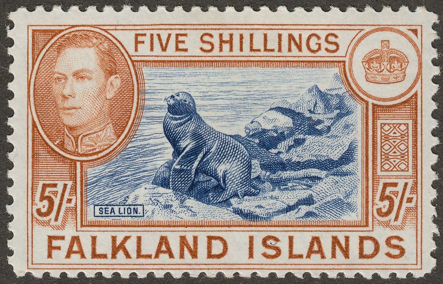 Falkland Islands 1938 KGVI 5sh Indigo and Pale Yellow-Brown Mint SG161b