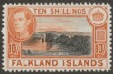 Click for more photos and details Falkland Islands 1942 KGVI 10sh Black and Orange Mint SG162a cat £350