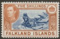 Click for more photos and details Falkland Islands 1938 KGVI 5sh Indigo and Pale Yellow-Brown Mint SG161b
