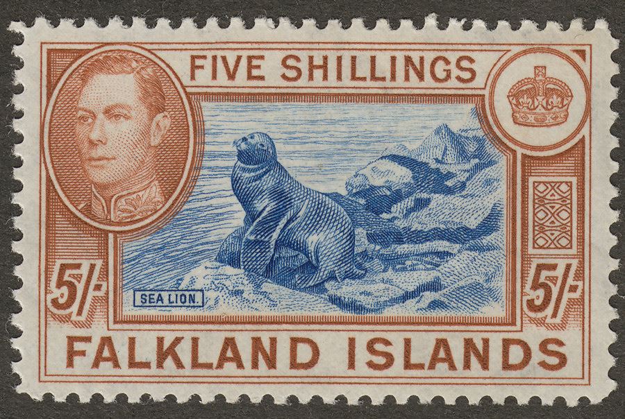 Falkland Islands 1950 KGVI 5sh Steel Blue and Brown-Buff Mint SG161d