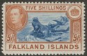 Click for more photos and details Falkland Islands 1949 KGVI 5sh Dull Blue and Yellow-Brown Mint SG161c cat £120