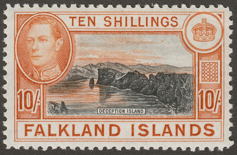 Falkland Islands 1942 KGVI 10sh Black and Orange Mint SG162a