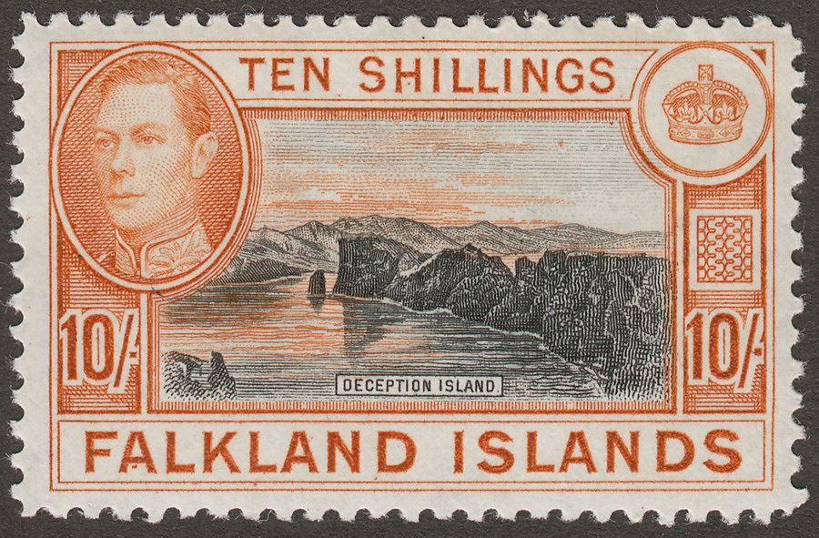 Falkland Islands 1942 KGVI 10sh Black and Light Orange Mint SG162a