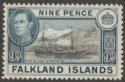 Click for more photos and details Falkland Islands 1938 KGVI 9d Sepia and Grey-Blue Mint SG157