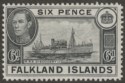 Click for more photos and details Falkland Islands 1949 KGVI 6d Black Mint SG156