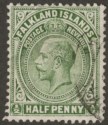 Click for more photos and details Falkland Islands 1919 KGV ½d Deep Olive Used SG60c