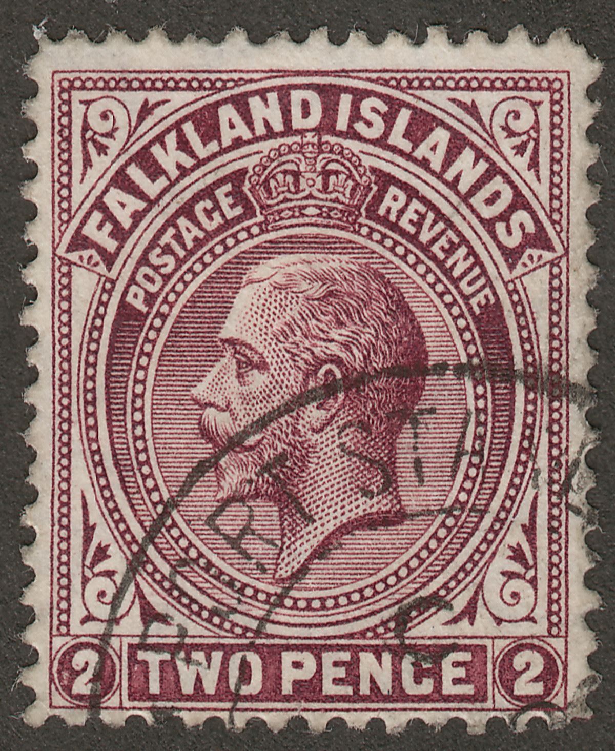 Falkland Islands 1914 KGV 2d Deep Reddish Purple Line Perf Used SG62a cat £160