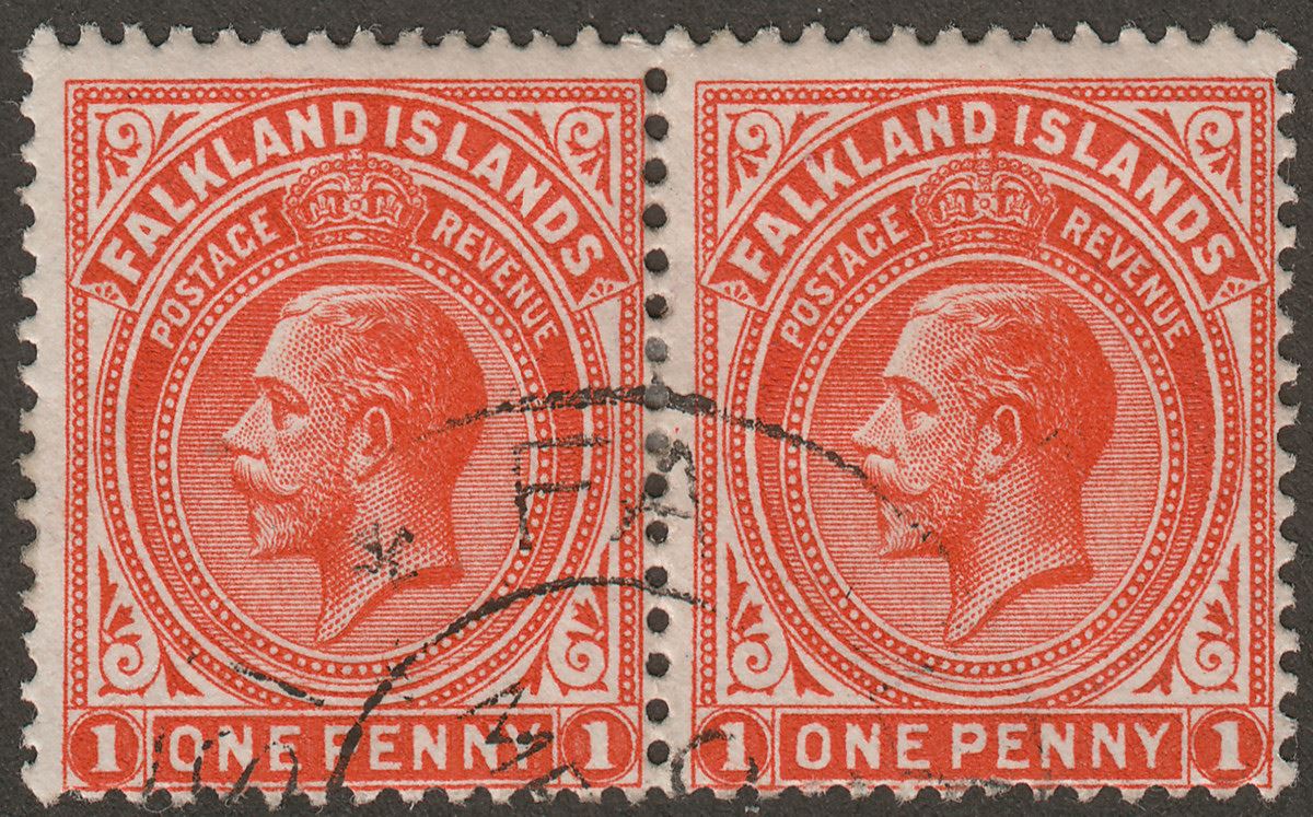 Falkland Islands 1920 KGV 1d Orange-Vermilion Pair Used SG61d