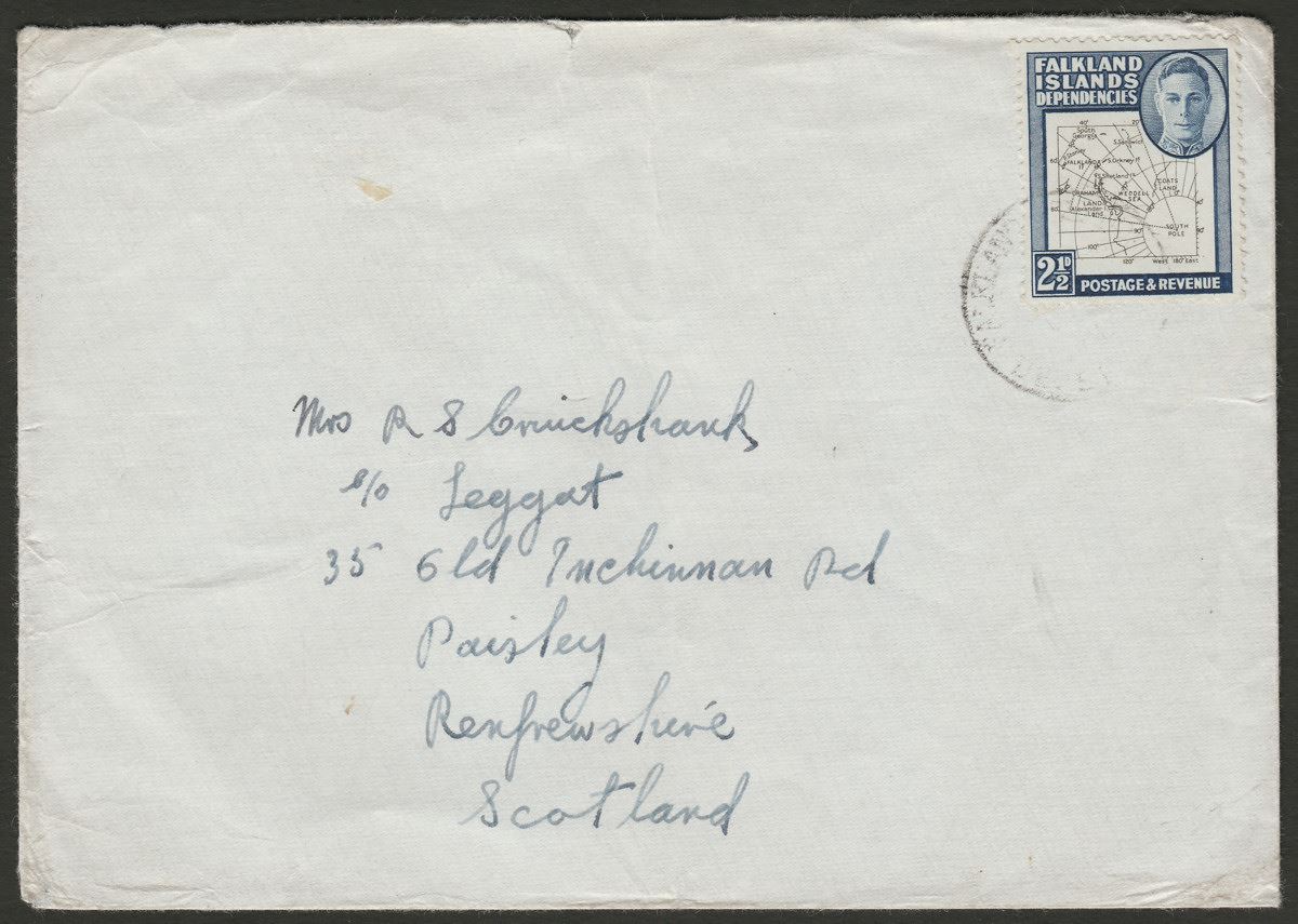 Falkland Islands Dependencies 1950? KGVI Thin Map 2½d Used on Cover to UK