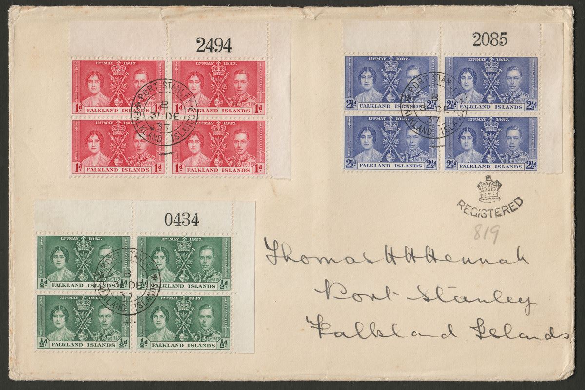 Falkland Islands 1937 KGVI Coronation Set Sheet Number Blocks Used Reg Cover